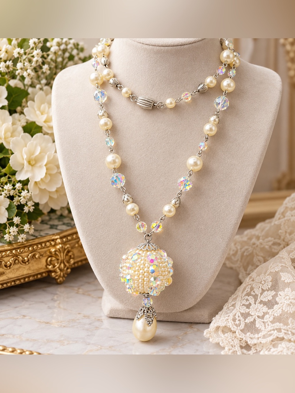 Vintage Crystal & Faux Pearl Statement Necklace 30” AB Sparkle Pendant